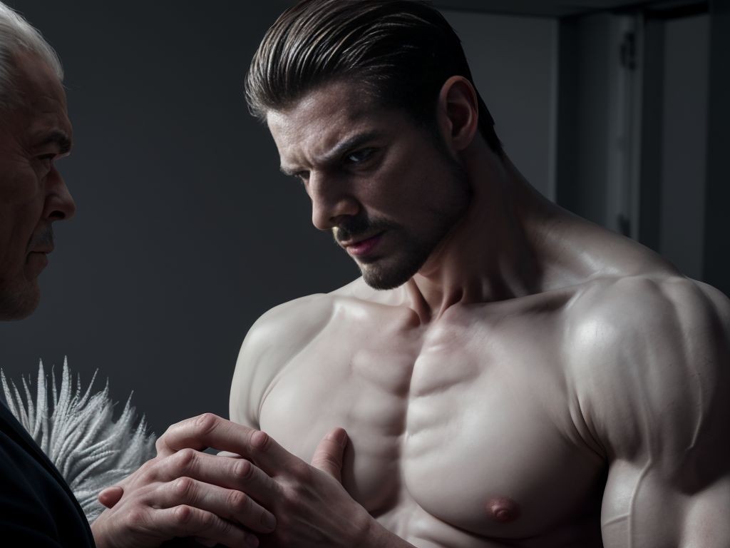 A muscular shirtless man appears in the foreground with his bare torso illuminated by a cold side light that highlights his defined pectorals, shoulders, collarbones, and abs. He has dark hair combed back, a short beard, and a serious, introspective expression as he looks downward, with his hands clasped near his chest in a tense or contemplative gesture. On the left, partially visible and in shadow, there is an older man in profile dressed in dark clothing, observing him closely. The interior setting is sober, gray, and dramatic, with a high-contrast composition that conveys intimacy, emotional tension, and cinematic aesthetics.