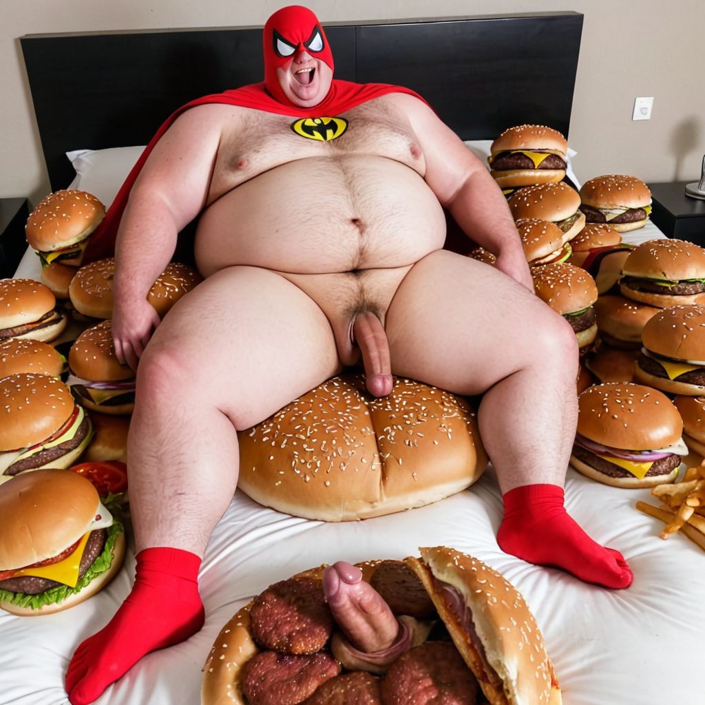 Orgy of a fat sipederman in a bed full of burgers and pizza,  visible penis