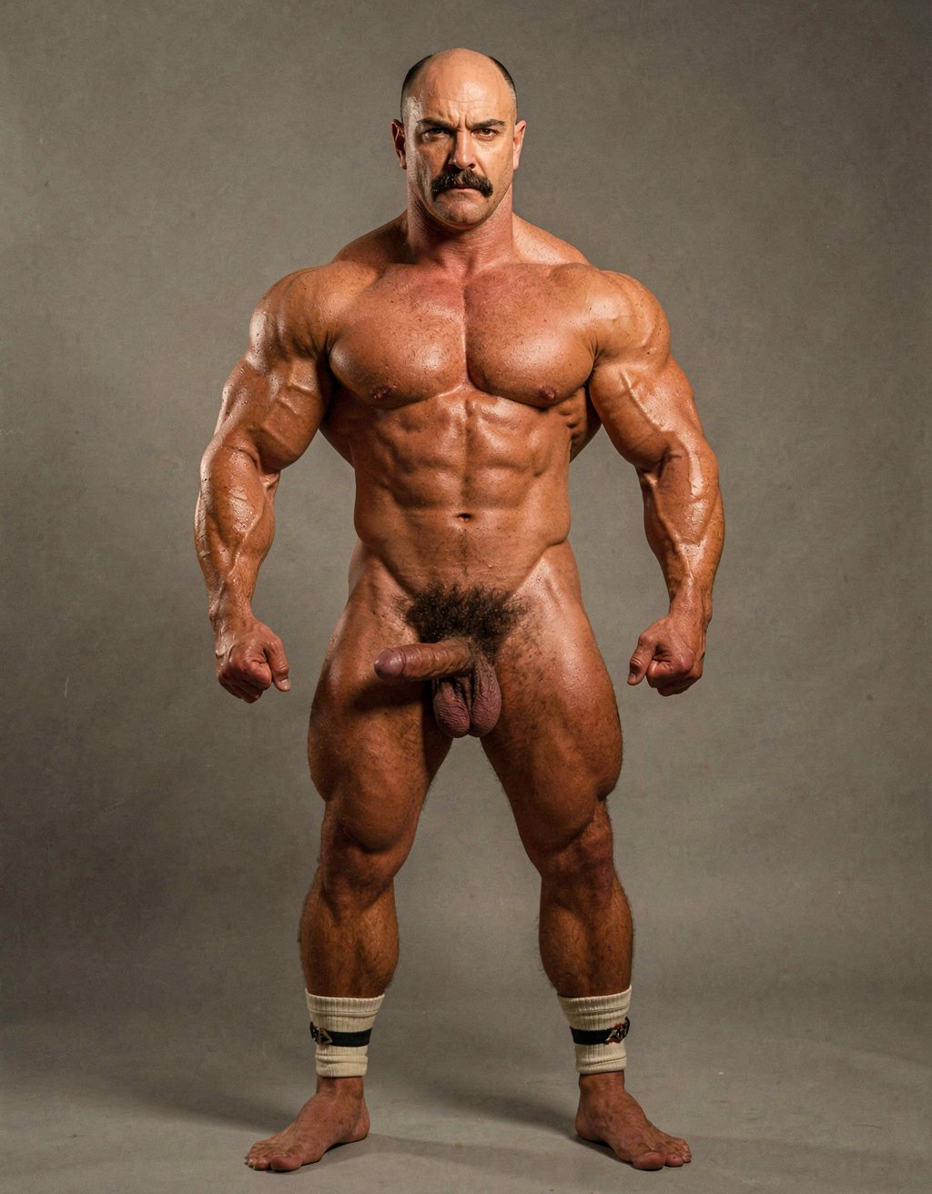 Mike Morris, the 32-year-old Caucasian bodybuilder with an athletic and extremely defined muscular physique, stands at full attention in a strict military pose, feet together, legs straight, back rigidly upright, shoulders back, chest thrust forward, arms at his sides with fists clenched, and head held high looking straight ahead with a serious, almost threatening expression. Full body shot from the tips of his toes to the top of his bald head. He is completely naked. His advanced Norwood III-IV male pattern baldness is clearly visible, with a shiny tanned scalp on top, short dark brown hair only on the sides and back. His square, angular face with strong jaw, prominent cheekbones, thick dark handlebar mustache, heavy brows, and intense deep-set brown eyes under slightly hooded lids stares forward with firm authority. His massive square pectorals are pushed out, dark brown chest hair forming a dense classic T-pattern down the sternum and spreading across his wide six-pack abs. Small dark nipples sit low on the pecs. A trail of dark hair leads to an extremely dense, thick, curly dark brown pubic bush that climbs almost to his navel. His heavy 14 cm flaccid cock hangs thick over large, low-hanging hairy testicles, the skin of the shaft noticeably lighter than his tanned body. Powerful veined forearms, developed traps flowing into delts, defined quads with visible separation, diamond-shaped calves, and hairy feet complete the figure. Warm directional studio lighting from above and slightly to the side creates sharp highlights on his oiled skin, deep shadows that accentuate every muscle fiber, the texture of his dense body hair, and the contrast between his tanned body and lighter genital area. Photorealistic, 1970s Colt Studio aesthetic, high contrast, masculine and commanding presence, grainy film texture.