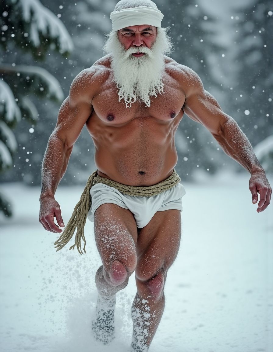 La Navidad. Papá Noel es un hombre de 40 años, atleta, está delgado y tiene músculos marcados y definidos, es muy varonil, tiene barba blanca abundante. Solo tiene el gorro de papá Noel porque está totalmente desnudo enseñando su musculatura de atleta y bronceada, tiene mucho vello blanco que cubre sus músculos pectorales y el abdomen y también en sus piernas. Tiene sandalias blancas en sus pies. Barba abundante blanca de papá Noel. Es el Papá Noel del año 2025, con mucha alegría y mucho sexo gay. Aspecto muy masculino salvaje. Pene erecto de 20cm de longitud y 8cm de diámetro. Abundante vello blanco por todo el cuerpo. Está saltando sobre la nieve mientras nieva y su gran pene erecto de 22 cm de longitud y 9 cm de diámetro se llena de nieve. Está masturbándose su pene con la mano derecha. 