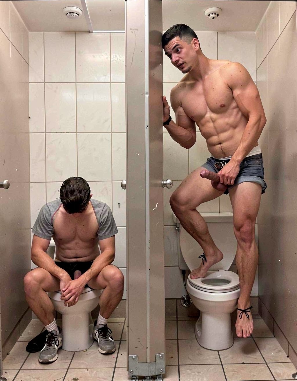Two men in adjacent stalls of a public bathroom with beige tiles and metal dividers; on the left, one is sitting on the toilet with his gray T-shirt lifted, head lowered, pants down, and sneakers on, in a reserved, hunched posture. On the right, a muscular shirtless man poses provocatively over another toilet, with one leg resting on the bowl, gray shorts partially pulled down and his erect penis held in his hand, looking to one side. The scene combines a public restroom atmosphere, male nudity, exhibitionism, contrast between privacy and explicit sexual posing, with cold lighting and tiled walls.