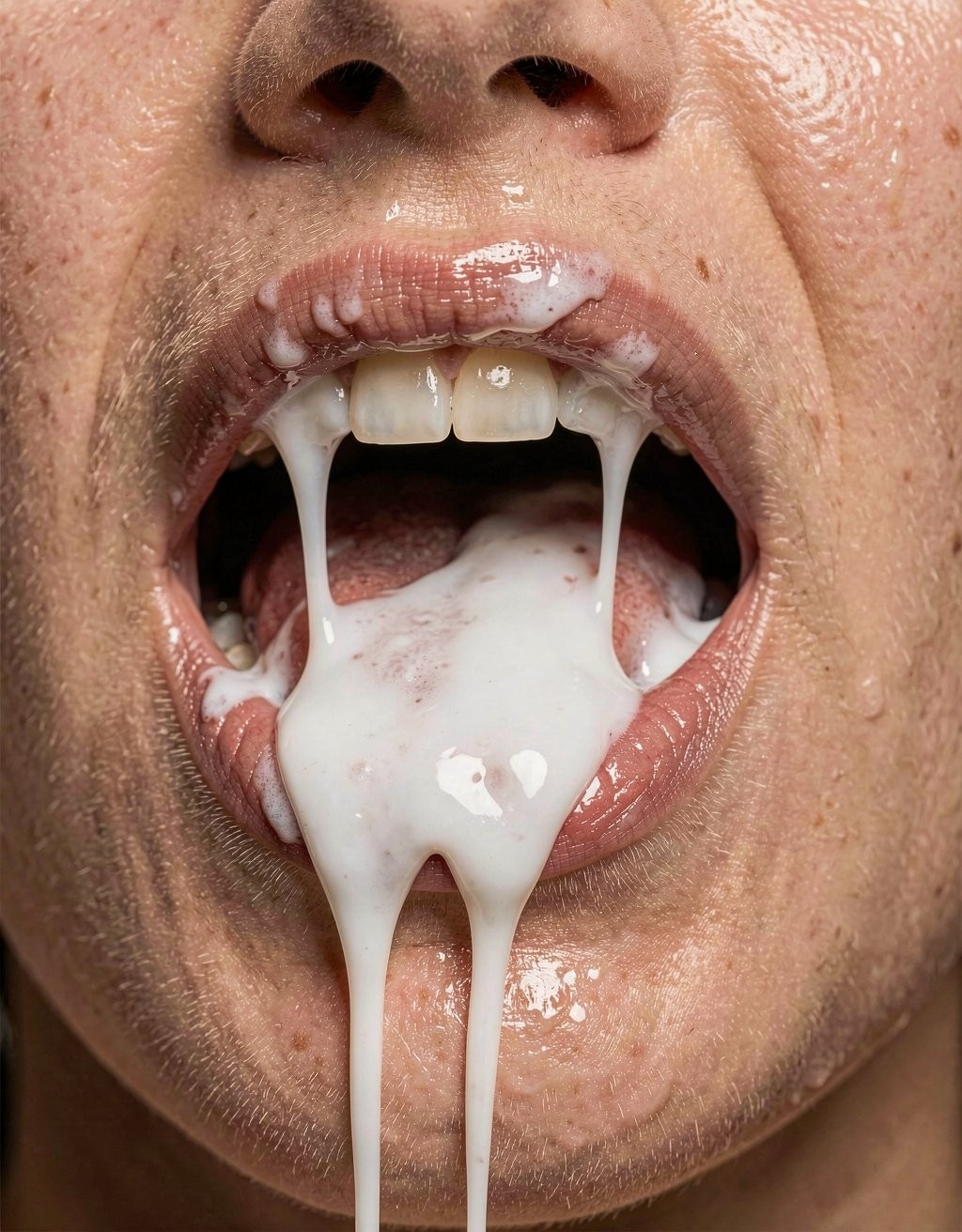 Close-up of a woman's open mouth overflowing with thick, glossy white semen, lips stretched and coated, tongue submerged in cum, viscous strands dripping down her chin, ultra-realistic fluids and skin textures, wet highlights, soft cinematic lighting, sharp detail, photorealistic, 8k --ar 3:4 --stylize 250 --q 2