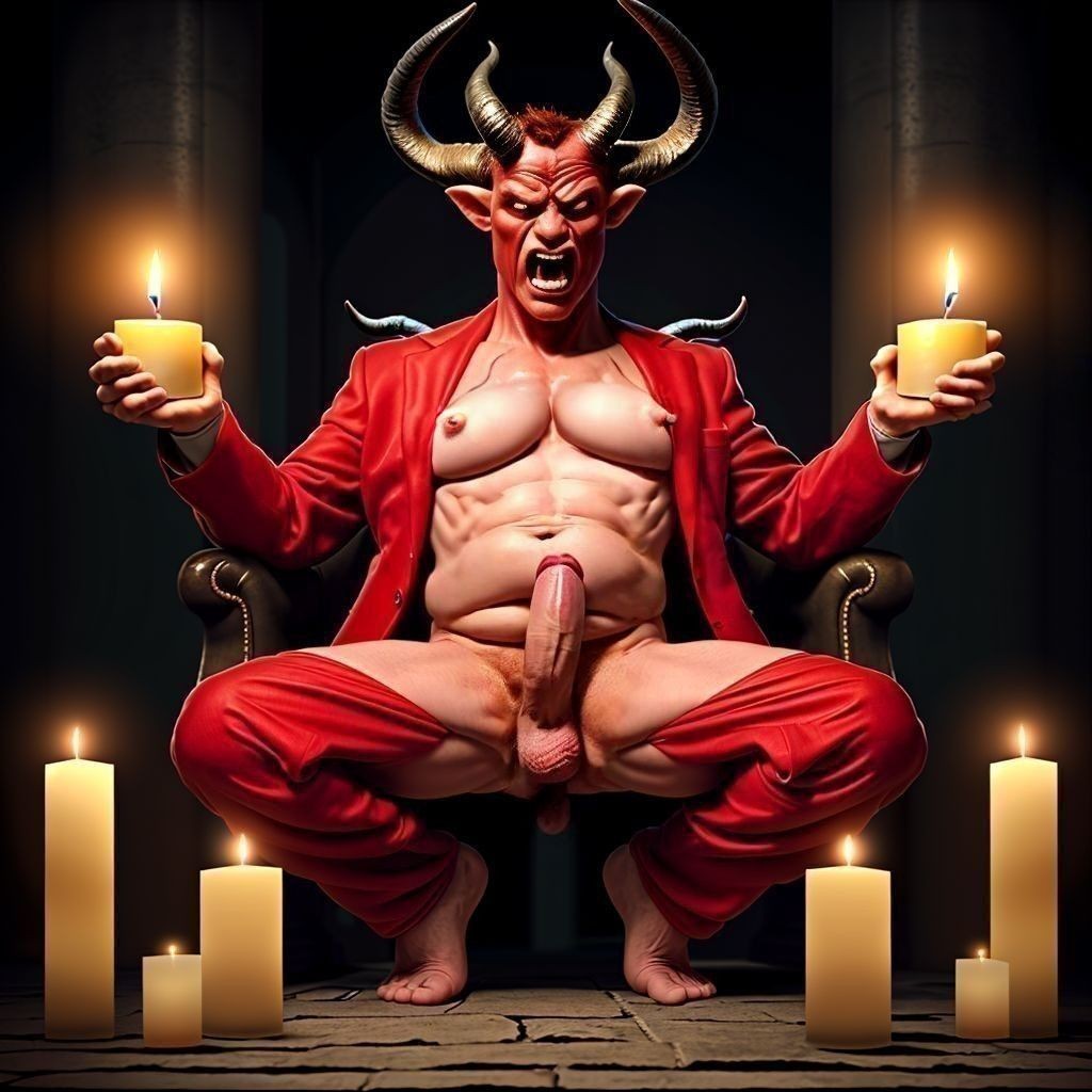 Un demonio antropomorfo de piel roja aparece sentado en un trono oscuro, con grandes cuernos curvados, orejas puntiagudas, expresión feroz y colmillos visibles, vestido con una chaqueta y pantalones rojos abiertos que dejan al descubierto el torso musculoso, el abdomen y un pene erecto en el centro de la composición. Sostiene dos velas encendidas, una en cada mano, mientras varias velas grandes iluminan el suelo de piedra alrededor, creando una atmósfera ritual, infernal y teatral. La escena combina fantasía oscura, iluminación cálida, sombras profundas, estética satánica y una pose frontal dominante, con detalles marcados en el cuerpo, los cuernos, el rostro agresivo y el entorno sombrío.