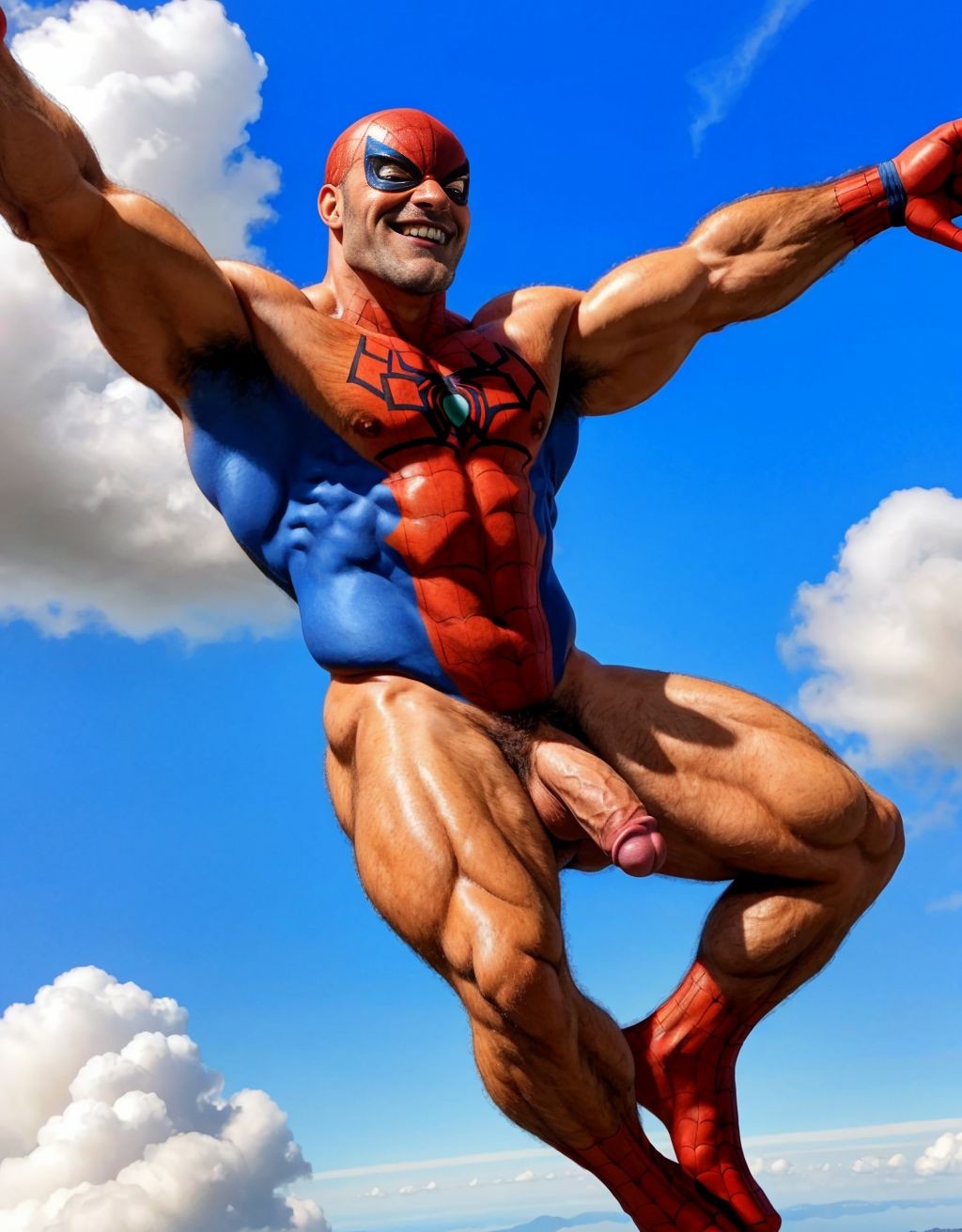 Spiderman velludo musculoso totalmente desnudo volando sobre una nube en el cielo azul. Tiene el pene grande. Tiene los testículos grandes y peludos. Volando. Está feliz. Tiene la piel limpia y húmeda. Tiene ojos verdes y dientes blancos.