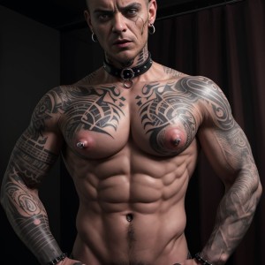 Esclavo con modificaciones corporales extremas, piercing en genitales y pezones, tatuajes en torso, con argollas en cuello y muñecas, mostrando sumisión total a su amo, con mirada sumisa y cuerpo tonificado, en un entorno oscuro y sensual.