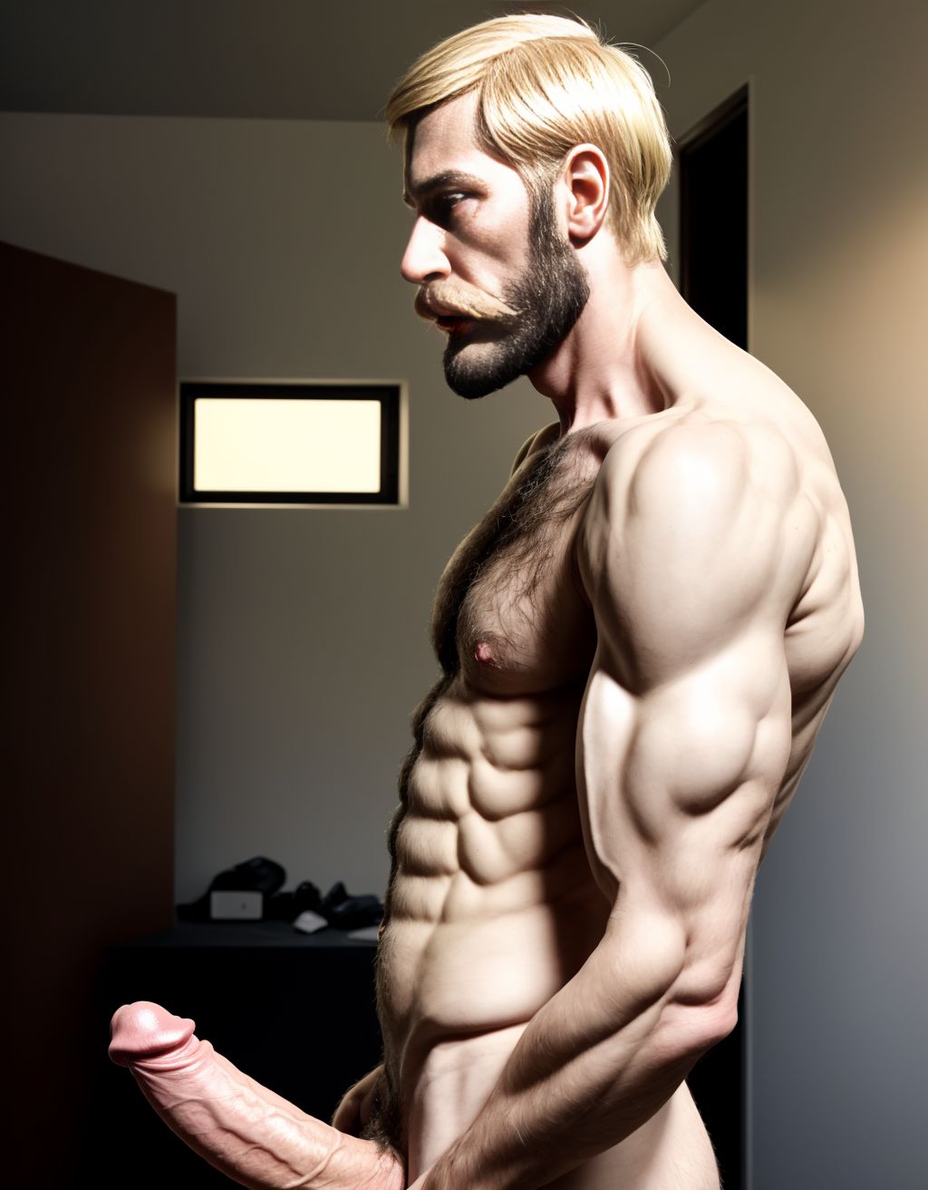Hombre de 50 años, moreno, desnudo, delgado, pene erecto, testículos grandes y velludos, pecho y brazos velludos, cara delgada, cabello rubio, trasero perfecto, atractivo y viril, mentón grande, hoyuelo, músculos definidos, bigote, perfil, masturbación. Masturbación. Está mirando de lado derecho hacia la cámara. Cuerpo delgado.