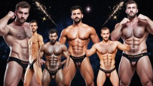 Año 2098. Primera campaña gay de ropa interior en el espacio. Modelos muy cachas en varios planos con ropa interior provocativa y en diferentes posiciones. Imagen surrealista, el fondo es el espacio. 