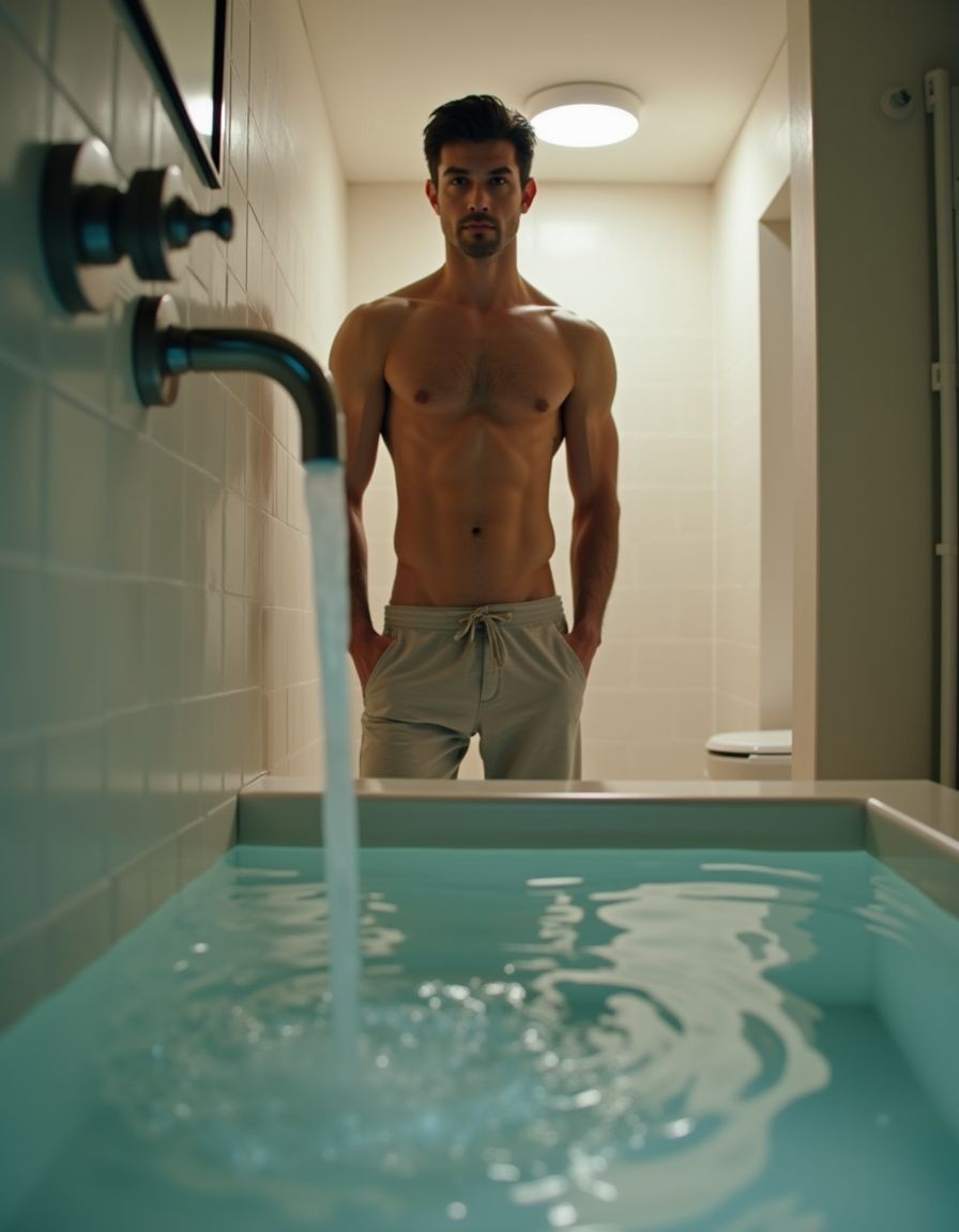 POV: A man stands confidently in a modern, minimalist bathroom, pants slightly lowered. The camera angle focuses on the midsection, capturing the act of release as it streams into the clear glass basin. The setting is intimate and private, evoking a sense of freedom and personal expression. Soft lighting reflects off the water, enhancing the intimate ambiance. The scenario suggests a sense of liberation and the natural beauty of the male form.