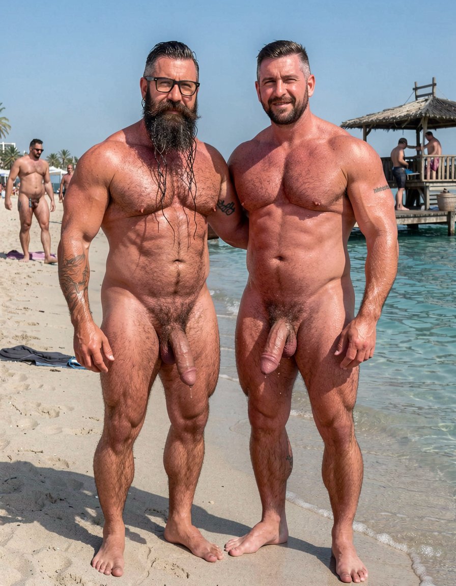 Photorealistic ultra-detailed cinematic midday shot at El Playazo nudist beach in Vera Playa, Almería. Hipsterbarba and Ferran standing side by side on the hot sand right at the water's edge, both completely naked, shoulder to shoulder, under harsh bright Mediterranean sun. Hipsterbarba is 40 years old, 180cm, 80kg, 8% body fat, zero belly, extremely dry shredded six-pack with visible linea alba, dense black chest hair, thick trail of dark hair from navel to heavy bush, powerful vascular arms and shoulders, strong hairy quads with defined vastus, hamstrings and adductors, high fade undercut haircut, extremely long thick well-groomed Bandholz beard reaching almost to his navel, big mustache with long curled spiral tips, black hipster glasses, small black tattoo “hipsterbarba” on right bicep. His thick heavy veiny cock hangs semi-hard between his legs, fat glans partially visible under foreskin, heavy low-hanging hairy balls, still dripping thick precum from the previous rubbing. His long beard is wet and sticky with precum.

Ferran stands right next to him, 28 years old, same extreme competition shape, 5% body fat, massive rounded pecs, carved eight-pack, narrow waist, huge veiny arms, short dark stubble, polished high fade, small “hipster barba” tattoo on bicep. His long thick cock is still fully hard, shiny with precum and saliva, heavy balls tight. His hip is touching Hipsterbarba’s, their cocks almost brushing against each other.

Both men stand confident and dominant, sweat glistening on every muscle and black body hair, harsh sunlight creating strong highlights and deep shadows on abs, veins, wet beards and genital details. Turquoise sea gently touching their feet, chiringuito El Pirata visible in the background with other naked muscular men watching them from a distance, some stroking their hard cocks. Hyperrealistic skin texture, individual beard and body hairs, realistic sand and water, sharp focus, raw explicit male scene, cinematic midday lighting.