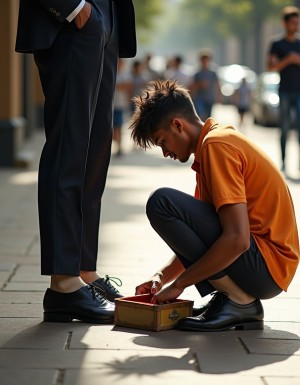 A young shoeshine boy crouched on an urban sidewalk works with concentration on a black dress shoe, using a small wooden box with polish and cleaning tools placed next to his hands. He wears an orange polo shirt and dark pants, while maintaining a hunched posture in front of a man in a navy blue suit, whose formal trousers, socks, and polished shoes dominate the foreground. The scene conveys the atmosphere of a busy street, with warm light, pronounced shadows on the tiles, and blurred pedestrians in the background, reinforcing the sense of informal work, shoe-cleaning service, urban life, and social contrast.