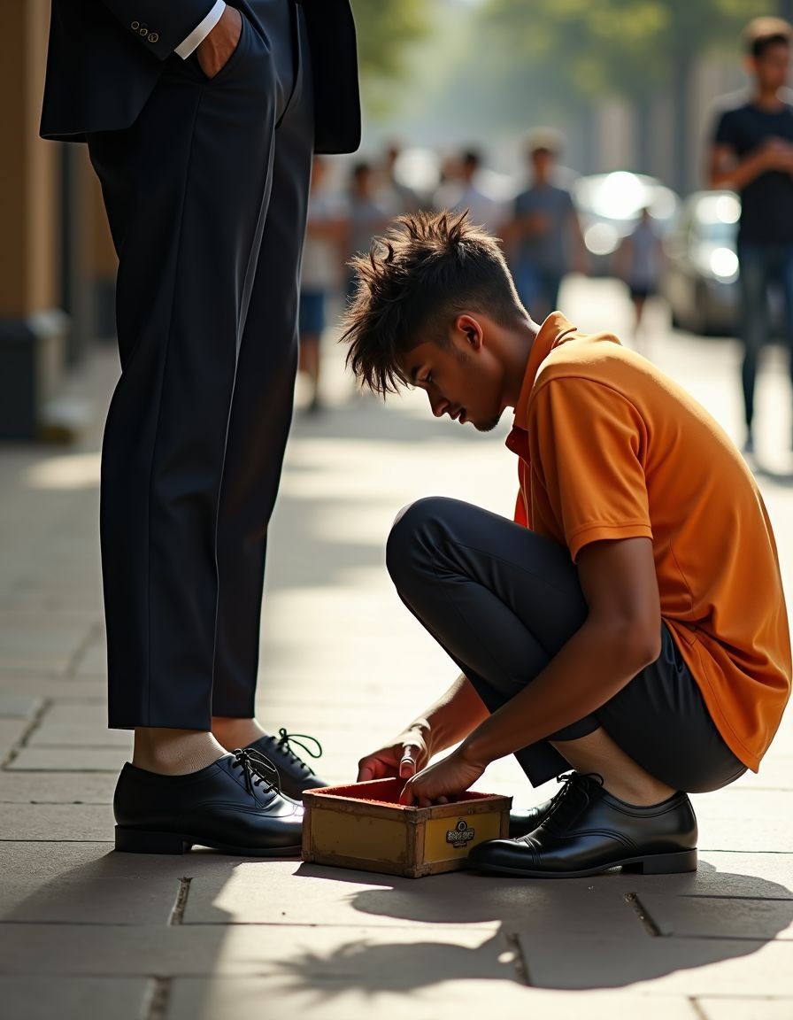 Un joven limpiabotas agachado en una acera urbana trabaja con concentración sobre un zapato negro de vestir, usando un pequeño cajón de madera con betún y utensilios de limpieza colocado junto a sus manos. Viste un polo naranja y pantalones oscuros, mientras mantiene una postura encorvada frente a un hombre de traje azul marino, cuyos pantalones formales, calcetines y zapatos lustrados dominan el primer plano. La escena transmite un ambiente de calle concurrida, con luz cálida, sombras marcadas sobre las baldosas y peatones desenfocados al fondo, reforzando la sensación de trabajo informal, servicio de limpieza de calzado, vida urbana y contraste social.
