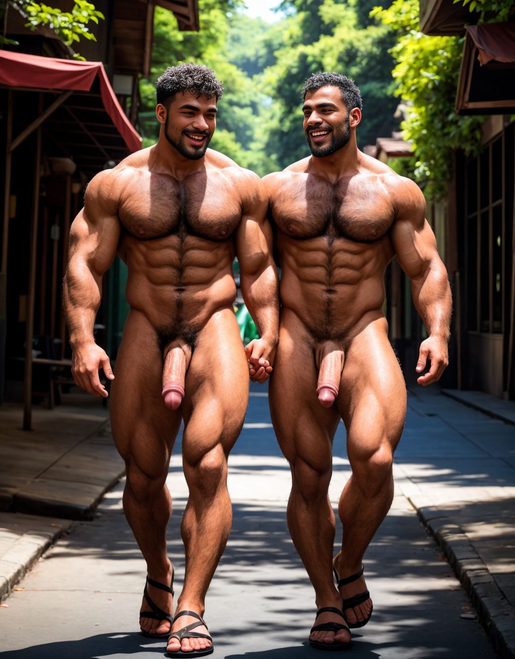 Dos hombres jóvenes desnudos musculosos y fibrosos. Tiene pene grande. Están andando por la calle. Tienen sandalias en los pies. El pene y los testículos se mueven al aire al andar. El enorme pene se dobla hacia el lado al ritmo del andar. Los testículos botan contra los muslos al andar moviéndose hacia afuera. Las manos tocan y acarician su propio pene. Tienen mucho pelo vello en el pecho.