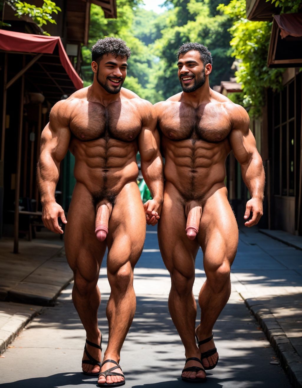 Dos hombres jóvenes desnudos musculosos y fibrosos. Tiene pene grande. Están andando por la calle. Tienen sandalias en los pies. El pene y los testículos se mueven al aire al andar. El enorme pene se dobla hacia el lado al ritmo del andar. Los testículos botan contra los muslos al andar moviéndose hacia afuera. Las manos tocan y acarician su propio pene. Tienen mucho pelo vello en el pecho.