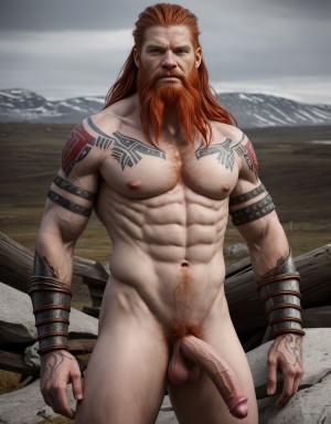 Foto muy realista texturas 8k. Guerrero nórdico desnudo, cabello rojizo, musculoso, enseñando orgulloso su pene, barba larga, tatuajes vikingos, armadura abandonada, fondo de batalla, expresión orgullosa y desafiante, piel pálida, anatomía detallada, realista y sensual.