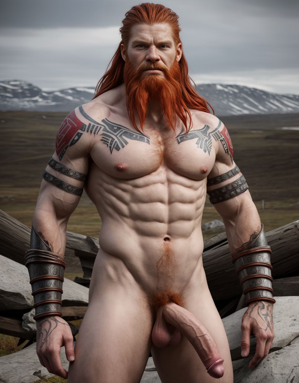 Foto muy realista texturas 8k. Guerrero nórdico desnudo, cabello rojizo, musculoso, enseñando orgulloso su pene, barba larga, tatuajes vikingos, armadura abandonada, fondo de batalla, expresión orgullosa y desafiante, piel pálida, anatomía detallada, realista y sensual.