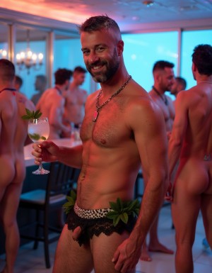 Un hombre sonriente y musculado posa en primer plano durante una fiesta interior con ambiente de club, luces rosas y azules y grandes ventanales al fondo. Está sin camiseta, lleva una cadena plateada al cuello y sostiene una copa tipo cóctel con hielo, pajita y una hoja decorativa de cannabis o similar. Su ropa interior negra de encaje, ajustada y muy escotada, está adornada con hojas verdes en la cintura y deja ver gran parte de las caderas y el vello corporal. A su alrededor hay varios hombres desnudos o semidesnudos conversando, de espaldas o de perfil, con nalgas visibles, creando una escena social de fiesta privada, sensual y desenfadada.