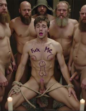 Esclavo joven está de rodillas delante de varios hombres maduros con mal aspecto le pertenecen a una oscura secta. Han ensuciado su cuerpo con pinturas obsequias y han escrito en su pecho 