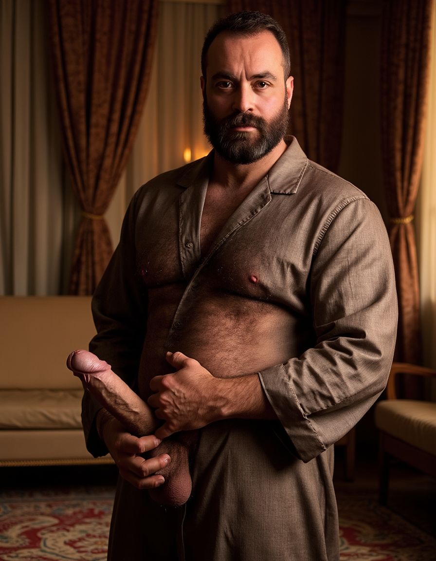 Un hombre árabe maduro de 50 años, musculoso y varonil, con una barba y bigote espesos, y un cuerpo cubierto de vello, viste un traje tradicional árabe desabrochado, revelando su pecho velludo. Su mirada es intensa y dominante. Está de pie en una habitación lujosa con alfombras y cortinas de seda, bañado en una iluminación cálida y sensual. Su pene erecto, peludo y lleno de venas, mide 40 cm de longitud y 8 cm de diámetro, y está a punto de eyacular. Con las manos en la parte inferior del abdomen, rodea su pene para masturbarse, destacando su excitación y placer. La imagen es hiperrealista, con detalles de alta calidad, y muestra claramente la textura del vello, la seda y la carne, creando una atmósfera sensual y erótica.