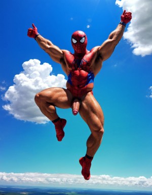 Spiderman velludo musculoso totalmente desnudo volando acostado en horizontal sobre una nube en cielo azul. Tiene el pene grande. Tiene los huevos grandes y peludos.