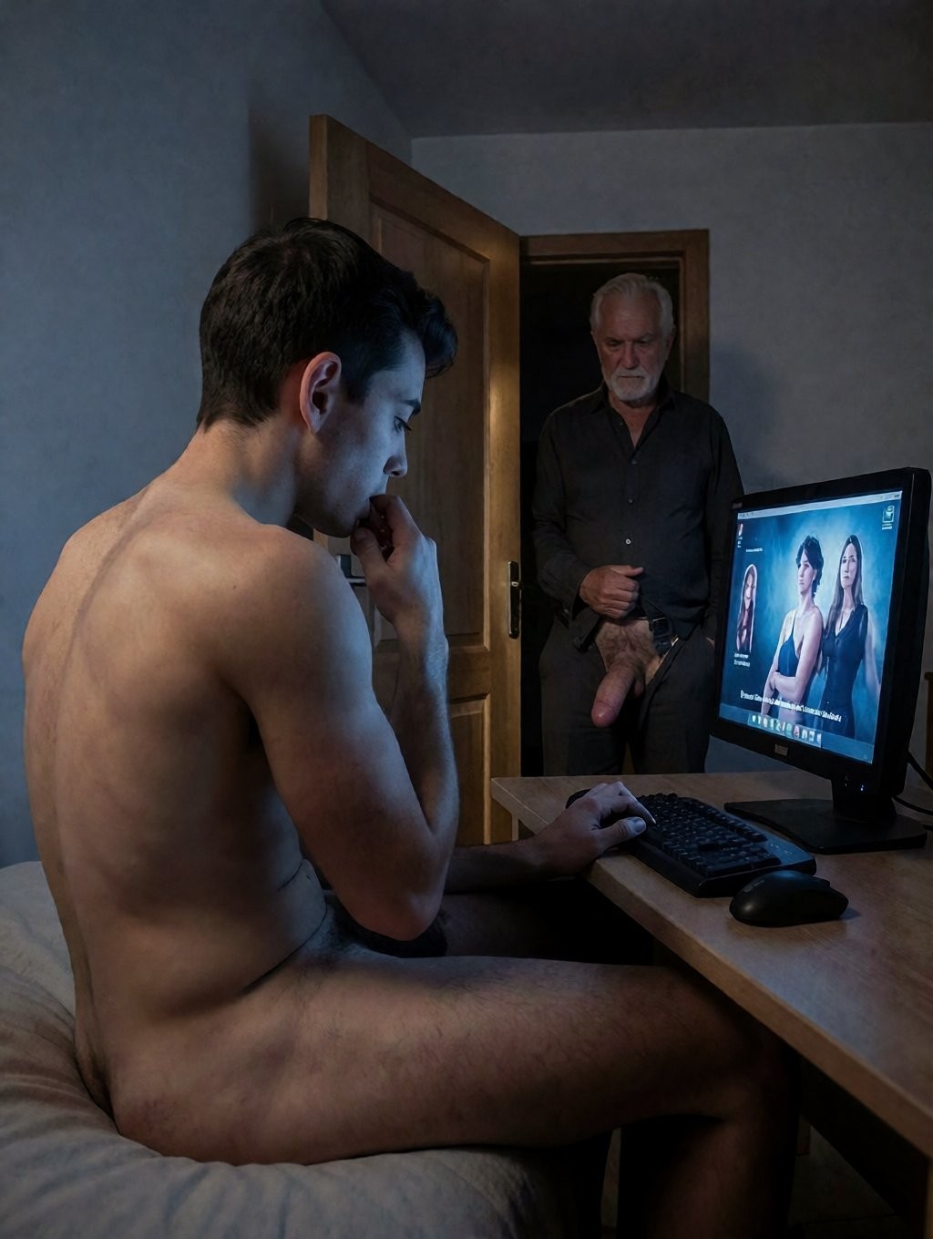 A naked man is sitting in profile on a bed next to a desk, using a computer in a dimly lit room; he rests one hand near his mouth while looking at the screen, where a scene with several women appears as in a video call or audiovisual content. His body is completely exposed, with his back, legs and penis visible in the foreground. In the background, in the doorway of an open door, another older man appears with a dark shirt, watching the scene with his penis exposed, creating an intimate, tense and voyeuristic atmosphere. The space looks like a simple bedroom, with gray walls, wooden desk, keyboard, mouse and monitor partially lighting the room.