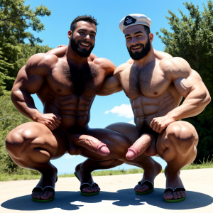 Dos hombres machos musculosos desnudos delgados muy viriles con pene grande y testículos grandes y peludos ⛓️ 🌞 🏞️. Están de pie, 🥀. Tienen sandalias verdes en sus pies. Tienen gorras blancas en sus cabezas. Enseñan sus penes erectos para estar felices. Doblan el brazo derecho y enseñan el músculo bíceps del brazo derecho con gran orgullo. Están agachados. Están broceados.