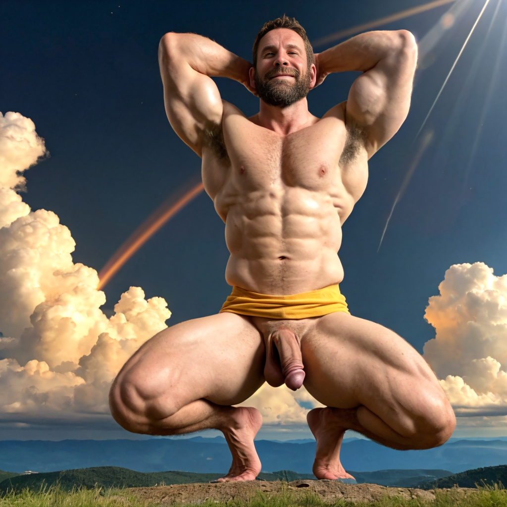 Hombre de 36 años de edad, totalmente desnudo, agachado y enseñando sus músculos bíceps de los brazos. Está entre las nubes del cielo azul parece la gloria de Dios. Tiene pene grande. Tiene grandes testículos peludos. Otro hombre de 46 años de edad, totalmente desnudo, agachado y enseñando sus músculos bíceps de los brazos. Está rezando sobre grandes nubes. Está desnudo y con polla muy grande. Los dos están separados mirando al cielo. Tienen en sus cabezas aros luminosos alrededor de su cabeza. Su aspecto es de bondad. Tiene testículos muy grandes colgando por detrás del pene. 