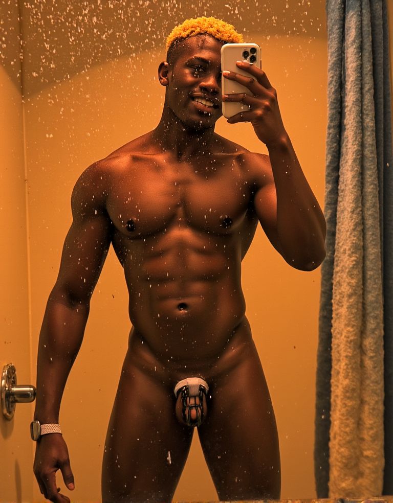 A black man, approximately 25 years old, stands in front of a steamy shower mirror, sweat glistening on his dark skin. He wears a pair of white calvin klein briefs, clinging to his athletic physique, and a chastity cage, emphasizing his erotic restraint. His short, tightly coiled blond hair is damp from the shower, and a few droplets of water trickle down his face, accentuating his sharp features. With one hand, he holds a phone to take a selfie, capturing the intimate moment, while the other hand rests on the mirror frame, his fingers spread wide. The shower's warm glow illuminates his body, highlighting the curves of his biceps and the definition of his chest, as he gazes into the camera with a confident, sensual smile. Hyper-realistic photo with high-quality details, focusing on the contrast between his dark skin and the shiny, metallic chastity cage.