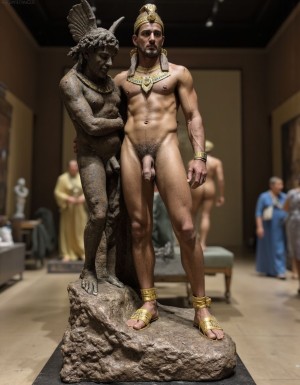 Akhenatón (originalmente llamado Amenhotep IV) fue un faraón egipcio que gobernó durante la Dinastía XVIII (Imperio Nuevo), aproximadamente entre 1353 a.C. y 1336 a.C. Es un hombre faraón de los más fascinantes y revolucionarios de la historia egipcia debido a su radical reforma religiosa. Está totalmente desnudo y en sus pies lleva sandalias de lujo de oro. Tiene un pene erecto de 20 cm de longitud y 8 cm de diámetro. Toda la gente le admira por su vello y grandioso pene en constante estado erección de 20 cm de longitud y 9 cm de diámetro