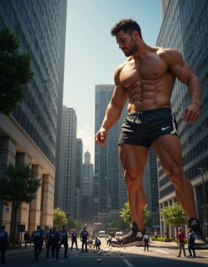 Hiper-realista render, hombre gigante musculoso de 22 años, físico imponente y atlético, vestido con chandal deportivo ajustado y zapatillas Nike de alta calidad, sonriendo con confianza y satisfacción, aplastando a un grupo de hombres diminutos que miden 1cm, policías uniformados con rostros de miedo y desesperación, con sus vehículos y equipo de policía también miniaturizados, en un entorno urbano con edificios y coches a escala normal, iluminación dramática y sombras profundas, texturas detalladas y realistas, foco en la escena de aplastamiento con los policías diminutos intentando escapar, expresiones faciales detalladas y emotivas, ambiente de poder y dominación, renderizado de alta calidad con luces y sombras realistas.