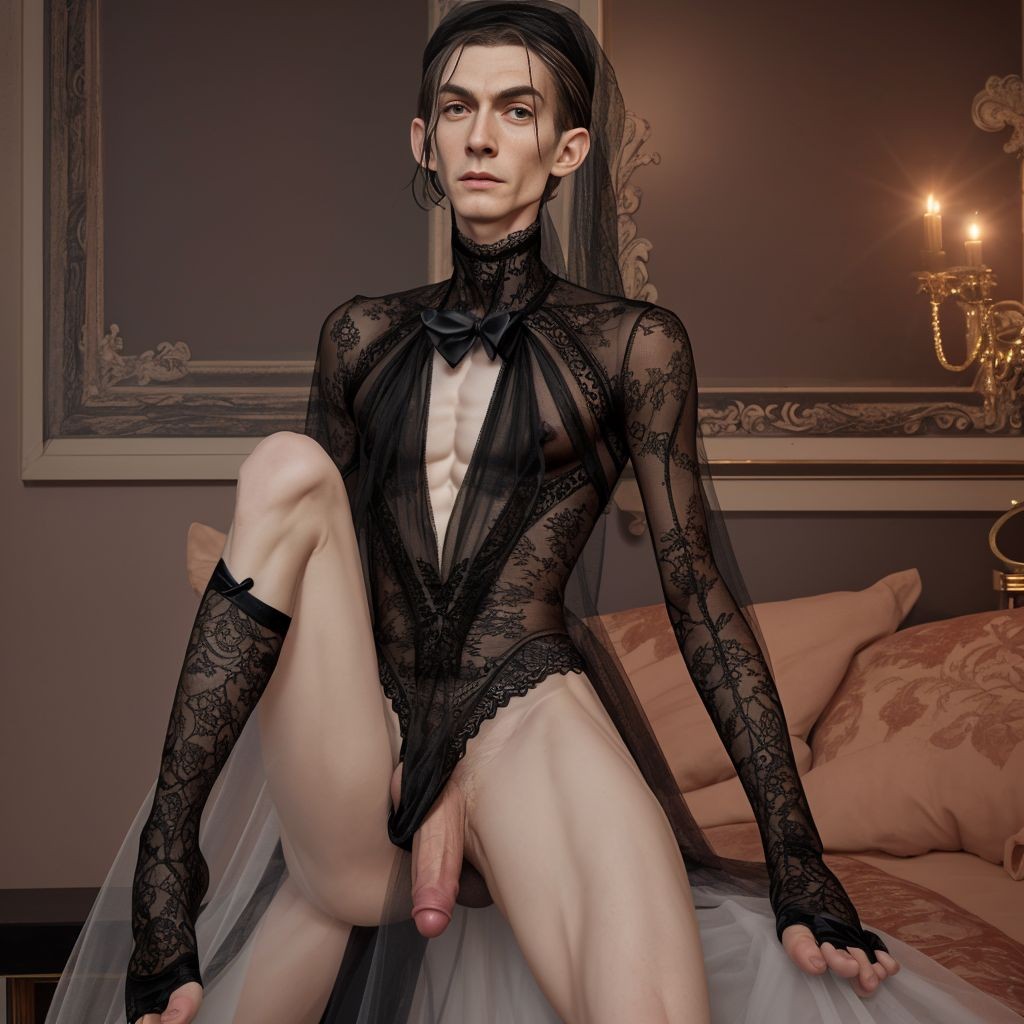 macho muy flaco desgarbado pene enorme y grueso vestido de la viuda negra con tules y ropa negra de encaje