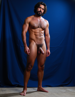 Enomao. Hombre de 35 años, cuerpo completo de pies a cabeza, pose frontal de pie, cuerpo delgado, rostro rudo con mandíbula cuadrada y ceño fruncido, barba abundante negra descuidada de varios días, nariz ancha, cicatriz pequeña en la ceja izquierda, mirada intimidante, pelo negro largo y despeinado, cuello grueso con tendones marcados, hombros anchos y trapecios abultados, pectorales enormes y duros con sombras profundas bajo cada músculo, pezones oscuros rodeados de vello negro denso, vello negro abundante cubriendo todo el pecho extendiéndose hacia el abdomen, abdominales definidos con seis bloques marcados y venas visibles, línea de vello negro desde el ombligo bajando, oblicuos duros con sombras que acentúan cada fibra muscular, brazos con bíceps y tríceps marcados y muy definidos, venas prominentes en los antebrazos, vello negro espeso en antebrazos y dorso de las manos, manos con nudillos anchos y dedos fuertes, piel con suciedad natural como grasa de trabajo y tierra en pecho brazos y piernas, manchas de mugre en los antebrazos y marcas de sudor seco, muslos marcados con cuádriceps separados y definidos cubiertos de vello negro abundante, pantorrillas duras en tensión con vello oscuro, pies descalzos plantados en suelo de hormigón, iluminación lateral dura que proyecta sombras profundas en cada grupo muscular resaltando la masa y la fuerza bruta, ambiente de atmósfera cruda y masculina, fotografía hiperrealista, textura de piel visible con poros y imperfecciones. Tiene un pene erecto masculino de 38,5 cm de longitud y 8,5 cm de diámetro, proporciones perfectas, glande grueso y pronunciado con corona marcada, color rosado oscuro en la cabeza contrastando con el tono bronceado del tronco, venas gruesas y ramificadas recorriendo toda la extensión del falo desde la base hasta el glande, piel tensa y brillante por la erección máxima, prepucio retraído mostrando el frenillo, testículos grandes y pesados colgando en escroto arrugado, cubiertos de vello púbico oscuro y denso, pelo rizado extendiéndose hacia la base del pene, piel escrotal con textura visible y poros definidos, venas visibles en los testículos, posición frontal ligeramente angular, iluminación de estudio con sombras suaves que resaltan cada relieve y textura, fotografía hiperrealista, ultra alta definición 4K, texturas extremadamente detalladas, colores naturales de piel humana, acabado cinematográfico.

El fondo de la imagen es un azul ultramar intenso y profundo, con ondas de tela que ondean como si fueran arrastradas por el viento, creando un movimiento dinámico con la figura. La textura ondulante, similar a la seda, añade una capa de profundidad y sensibilidad a la escena, contrastando con la crudeza y pasión del acto sexual.

La fotografía realista, con genitales anatómicamente correctos y proporciones naturales, sin distorsión, busca capturar la esencia cruda y visceral del momento, sin adornos ni censuras. El enfoque en el punto del pene visible desde un ángulo lateral, busca resaltar la intensidad y la conexión del hombre y su entorno, inmerso en un acto de pasión y deseo. El contenido explícito para adultos es una representación auténtica y sin tapujos de la intimidad y el deseo humano, sin rodeos ni evasivas.