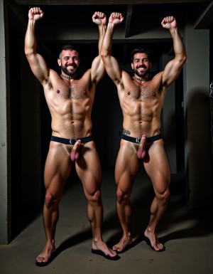 Austin Wolf, un hombre de 40 años, 1.88m de altura, con un cuerpo musculoso y extremadamente marcado, pectorales grandes y cuadrados, abdominales six-pack profundos, brazos gruesos y venosos, hombros anchos, trapecios marcados, piel blanca bronceada, pelo negro corto con rapado a los lados estilo fade, barba negra densa perfectamente recortada cubriendo mandíbula cuadrada, ojos marrones oscuros con mirada penetrante desafiante, rasgos faciales masculinos y angulosos, nariz recta, cejas gruesas, vello corporal negro medio en pecho bajando por abdomen, tatuajes en brazos y torso, con un pene de 19 cm de longitud y 8 cm de diámetro, está atado con cuerdas gruesas negras detrás de la espalda, con un collar de cuero negro y argolla de metal plateado al cuello, torso desnudo brillante de sudor con marcas de latigazos cruzando la espalda y hombros, expresión de sumisión forzada pero con actitud alfa contenida, mandíbula apretada, músculos tensos y flexionados, piernas musculosas y muslos que muestran un pene grande pronunciado, lleva sandalias negras en los pies.

Al lado de Austin se encuentra Pedro, un hombre de 30 años, de raza romaní, 1.95m de altura, con un cuerpo musculoso y extremadamente marcado, pectorales grandes y cuadrados, abdominales six-pack profundos, brazos gruesos y venosos, hombros anchos, trapecios marcados, piel blanca bronceada, pelo negro corto con rapado a los lados estilo fade, barba negra densa perfectamente recortada cubriendo mandíbula cuadrada, ojos marrones oscuros con mirada penetrante desafiante, rasgos faciales masculinos y angulosos, nariz recta, cejas gruesas, vello corporal negro medio en pecho bajando por abdomen, tatuajes en brazos y torso.

Ambos están en un ambiente oscuro con tonos grises y negros, iluminación dramática cenital tipo mazmorra BDSM, con cadenas y ganchos colgando del techo de fondo, fotografía hiperrealista 8K, mostrando todos los detalles de sus cuerpos. Austin y Pedro levantan y flexionan los brazos para enseñar sus músculos bíceps, enseñando también sus pies y saltando de alegría mientras enseñan sus penes, con Austin masturbando su pene con la mano derecha, ambos con una actitud de orgullo y satisfacción por sus cuerpos perfectos, y con una clara intención de penetrar por el ano.