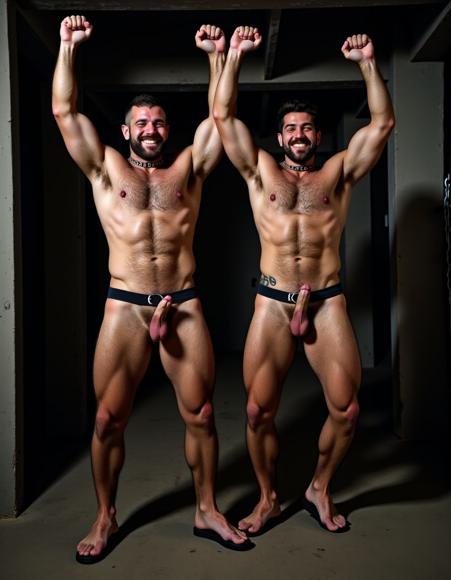 Austin Wolf, un hombre de 40 años, 1.88m de altura, con un cuerpo musculoso y extremadamente marcado, pectorales grandes y cuadrados, abdominales six-pack profundos, brazos gruesos y venosos, hombros anchos, trapecios marcados, piel blanca bronceada, pelo negro corto con rapado a los lados estilo fade, barba negra densa perfectamente recortada cubriendo mandíbula cuadrada, ojos marrones oscuros con mirada penetrante desafiante, rasgos faciales masculinos y angulosos, nariz recta, cejas gruesas, vello corporal negro medio en pecho bajando por abdomen, tatuajes en brazos y torso, con un pene de 19 cm de longitud y 8 cm de diámetro, está atado con cuerdas gruesas negras detrás de la espalda, con un collar de cuero negro y argolla de metal plateado al cuello, torso desnudo brillante de sudor con marcas de latigazos cruzando la espalda y hombros, expresión de sumisión forzada pero con actitud alfa contenida, mandíbula apretada, músculos tensos y flexionados, piernas musculosas y muslos que muestran un pene grande pronunciado, lleva sandalias negras en los pies.

Al lado de Austin se encuentra Pedro, un hombre de 30 años, de raza romaní, 1.95m de altura, con un cuerpo musculoso y extremadamente marcado, pectorales grandes y cuadrados, abdominales six-pack profundos, brazos gruesos y venosos, hombros anchos, trapecios marcados, piel blanca bronceada, pelo negro corto con rapado a los lados estilo fade, barba negra densa perfectamente recortada cubriendo mandíbula cuadrada, ojos marrones oscuros con mirada penetrante desafiante, rasgos faciales masculinos y angulosos, nariz recta, cejas gruesas, vello corporal negro medio en pecho bajando por abdomen, tatuajes en brazos y torso.

Ambos están en un ambiente oscuro con tonos grises y negros, iluminación dramática cenital tipo mazmorra BDSM, con cadenas y ganchos colgando del techo de fondo, fotografía hiperrealista 8K, mostrando todos los detalles de sus cuerpos. Austin y Pedro levantan y flexionan los brazos para enseñar sus músculos bíceps, enseñando también sus pies y saltando de alegría mientras enseñan sus penes, con Austin masturbando su pene con la mano derecha, ambos con una actitud de orgullo y satisfacción por sus cuerpos perfectos, y con una clara intención de penetrar por el ano.