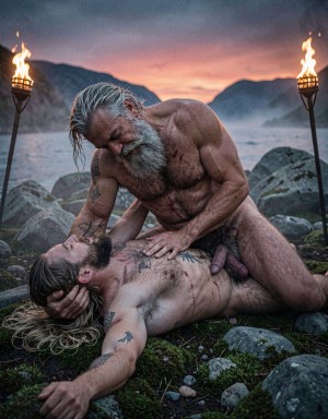 Amleth y Aurvandil. Dos vikingos desnudos abrazados en el suelo, revolcándose entre las rocas y el musgo, fiordo nórdico al anochecer, niebla baja densa envolviéndolos, antorchas de fuego real con llamas anaranjadas danzantes a los lados, contraluz crepuscular cielo degradando de azul profundo a naranja quemado y rojo carmín en el horizonte, iluminación cinematográfica cruda estilo Robert Eggers, paleta desaturada tonos tierra, grano analógico Kodak Vision3 500T 35 mm escaneado 8K, 8K UHD 7680x4320, textura de piel hiperdetallada, poros visibles, vello corporal, sombras profundas, altas luces sin quemar, contraste alto, lente anamórfica Panavision C-Series 40 mm T2.8, profundidad de campo reducida, desenfoque de fondo bokeh granular natural, viñeteado leve, nitidez absoluta, cero ruido digital, cero artefactos de compresión.

Anatomía humana perfecta: proporciones áureas 1:1.618, simetría bilateral exacta, cánones anatómicos reales, biomecánica humana correcta. Sin deformaciones, sin distorsiones, sin errores anatómicos, sin torsiones imposibles.

Vikingo veterano (48 años, 190 cm) encima, cuerpo musculado fibroso denso de guerrero envejecido, piel bronceada curtida arrugada, pelo gris plata largo despeinado, barba larga canosa espesa manchada de semen seco, bigote poblado, vello torácico extremadamente denso cubriendo pecho y abdomen, vello en hombros, espalda, brazos, piernas, vello púbico canoso. Múltiples cicatrices de batalla. Está tumbado parcialmente sobre el joven, apoyado en un codo, una mano enterrada en el pelo del joven, la otra en su nuca. Su rostro está inclinado hacia abajo, besando al joven con los ojos cerrados, la boca abierta, lenguas visibles entrelazadas, saliva brillante entre los labios. La barba del veterano roza la mejilla y la barba del joven. Su pene semierecto descansando contra el muslo del joven, glande aún húmedo, restos de semen en el tronco. Semen seco y fresco mezclado en su pecho velludo, abdomen, barba, muslos. Cuerpo sudado, brillo en la espalda y hombros.

Vikingo joven (29 años, 194 cm) debajo, cuerpo atlético musculado, piel pálida grisácea, pelo rubio sucio largo enmarañado esparcido sobre el musgo, barba espesa, vello torácico triangular denso, cicatriz cruzando el torso, tatuajes nórdicos negros azulados. Tumbado boca arriba sobre la tierra húmeda y el musgo, brazos rodeando la espalda del veterano, manos abiertas presionando las cicatrices y el vello de su espalda. Cabeza ladeada hacia arriba, ojos cerrados, boca abierta devolviendo el beso, lengua visible. Su pene aún semierecto contra el abdomen del veterano, glande rosado húmedo, restos de semen en el tronco y en su propia mano. Semen seco en su pecho y abdomen. Cuerpo sudado, brillo en el pecho y los brazos.

Pose: El veterano encima parcialmente, torso girado, una pierna entre las piernas del joven, la otra flexionada apoyada en el suelo. El joven debajo, piernas abiertas ligeramente flexionadas. Los dos cuerpos forman una sola forma entrelazada. Tierra y musgo manchados de semen y sudor bajo ellos. Rocas de granito alrededor, algunas cubiertas de musgo verde oscuro.

Expresiones: Ambos con los ojos cerrados, caras relajadas pero intensas, ceños fruncidos ligeramente por la emoción del beso, labios presionados el uno contra el otro, mandíbulas tensas, venas del cuello del veterano marcadas. La mano del veterano en el pelo del joven con los dedos abiertos, agarrando mechones rubios. La mano del joven en la espalda del veterano con los dedos presionando la piel.

Entorno: fiordo noruego al fondo borroso, agua gris azulada, montañas escarpadas con niebla baja, cielo crepuscular naranja carmín degradando a azul profundo con primeras estrellas, antorchas de hierro forjado a ambos lados con llamas reales naranja y amarillo, humo ascendiendo en espiral, rocas de granito con musgo, suelo de tierra húmeda y piedras pequeñas, niebla baja arremolinándose a nivel del suelo alrededor de los cuerpos.

Iluminación: luz cálida anaranjada de las antorchas bañando los cuerpos desde los lados y desde abajo, creando sombras profundas en los pliegues de la piel y los músculos, luz crepuscular azul fría iluminando los contornos desde atrás, resplandor del fuego reflejado en la piel sudada, la saliva y los ojos semicerrados. Sombras profundas, altas luces sin quemar, contraste alto.

Sin deformaciones, sin distorsiones, sin errores anatómicos. Perfección absoluta en cada forma corporal.