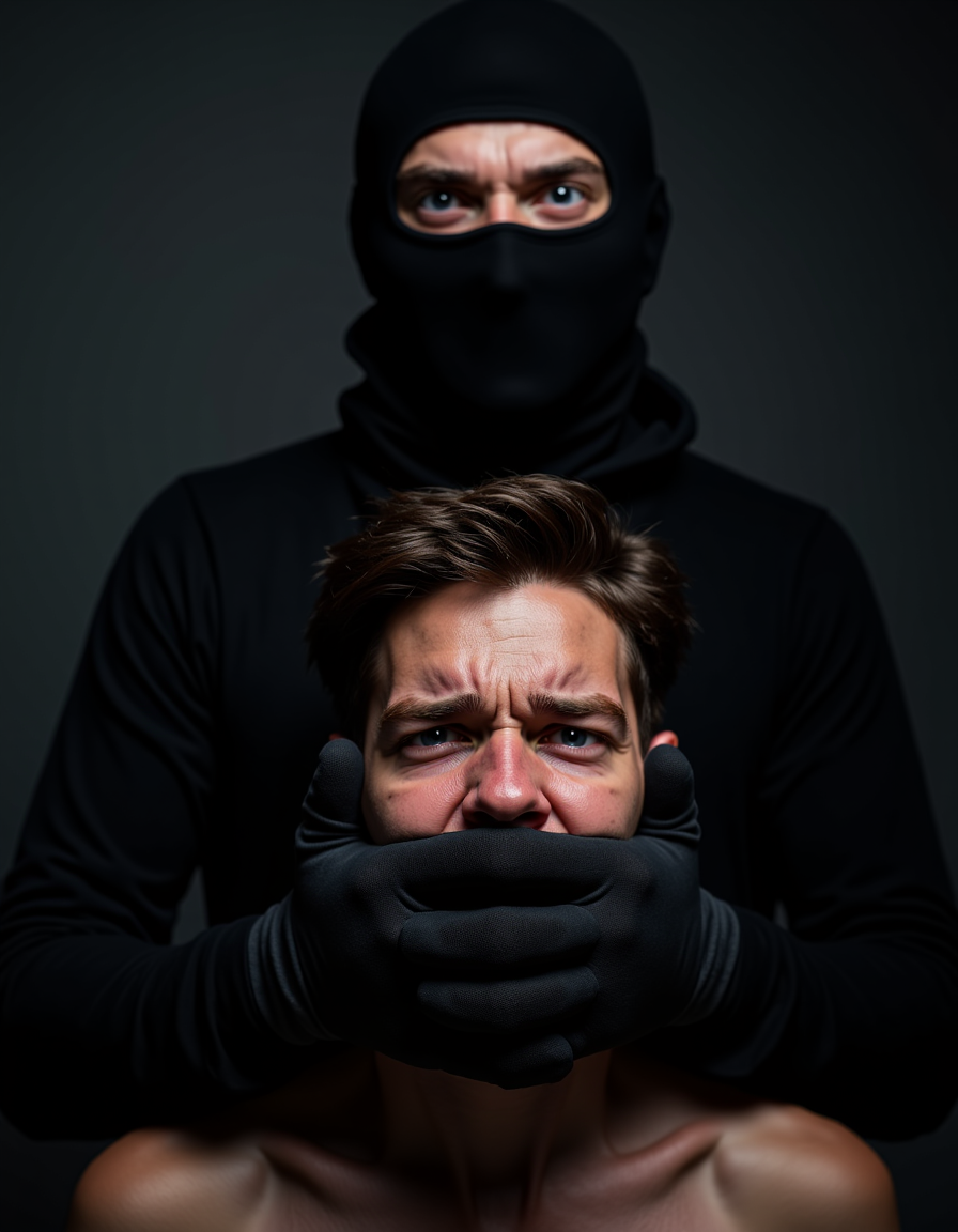 Two adult men, masked attacker standing directly behind unmasked victim, attacker wearing black nylon stocking hood covering his entire head, victim with bare face showing terror and mouth wide open in scream, attacker's black gloved hand cupping victim's mouth completely from behind covering lips and lower face, hand positioned with palm over mouth and fingers wrapping around jaw, victim facing camera with uncovered frightened face, only attacker wears mask, hand-over-mouth gag position with full contact between palm and victim's open mouth, kidnapping restraint, dramatic lighting emphasizing hand placement on mouth, hyperrealistic photography, dark atmosphere, anatomically correct hand position covering mouth entirely.