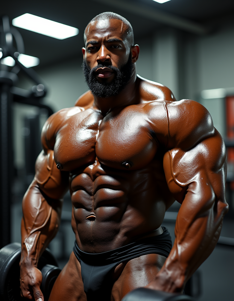 Hombre negro de 40 años completamente desnudo, con grandes brazos musculados y definidos, estómago marcado con abdominales prominentes, fuertes piernas musculadas que destacan su poderosa estructura física. Su cuerpo está cubierto de vello, lo que realza su masculinidad, y presenta un enorme pene de 30 centímetros en estado completamente erecto, llamando la atención por su tamaño impresionante. Además, cuenta con un gran culo redondo y bien definido, que se tensa con cada movimiento. Está de pie en el medio de un gimnasio lleno de hombres sudorosos, haciendo ejercicio con una mancuerna de gimnasio en una mano, lo que permite apreciar la tensión y el relieve de todos sus grandes músculos, que brillan debido al sudor que cubre su piel. La imagen es hiperrealista, capturando cada detalle del entorno y del cuerpo del hombre, con una iluminación que resalta la textura de su piel y el brillo del sudor, creando una escena intensa y dinámica en un ambiente de gimnasio masculino y sudoroso.