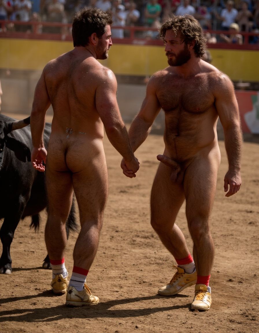 Un torero español musculoso y velludo de 50 años, con torso atlético y marcado, se muestra completamente desnudo, destacando su pene de 30 cm de longitud y 5 cm de grosor, perfectamente formado y rodeado de un denso vello púbico castaño oscuro. Sus testículos, perfectamente formados, cuelgan de forma prominente. La piel bronceada y sudorosa resalta su musculatura definida, con pectorales y abdominales bien marcados y sin grasa. El cabello largo y castaño oscuro está despeinado y sudoroso, con gotas de sudor resbalando por su frente y mejillas. Una barba incipiente y un vello corporal denso que se extiende por su pecho, piernas y brazos completan su apariencia viril. Lleva zapatillas doradas en sus pies.

A su lado, un hombre musculoso y velludo de 30 años, completamente desnudo, muestra un pene de 30 cm de longitud y 4 cm de grosor, hermoso y perfecto, rodeado de un denso vello púbico pelirrojo. Su piel bronceada y sudorosa muestra una musculatura definida, con pectorales y abdominales muy marcados. Tiene cabello pelirrojo despeinado y sudoroso. Tiene una barba pelirroja densa pero bien recortada. El vello corporal pelirrojo denso cubre su pecho, y tiene mucho vello pelirrojo en sus piernas y brazos, lo que realza su apariencia masculina y atlética. Están andando en la plaza de toros con un toro salvaje. Se aman

Ambos hombres se encuentran en una plaza de toros, con sombras que resaltan su musculatura y vello corporal, creando un ambiente sensual y cargado de tensión. Están en pleno acto de pasión, con sus penes erectos y testículos prominentes ,destacando su musculatura, vello corporal y atributos viriles en una imagen impactante y llena de energía. La escena está llena de sensualidad y poder, con los dos hombres como protagonistas, en un ambiente cargado de pasión y erotismo. La imagen es híper realista, con detalles de alta calidad, y muestra la unión de los dos hombres en un acto de pasión y dominio, con sus cuerpos musculosos y velludos completamente desnudos y visibles, mostrando su excitación y pasión en cada detalle. Tienen sus penes erectos. Están totalmente desnudos. Tiene un pene de 40 cm de longitud y 7 cm de diámetro.