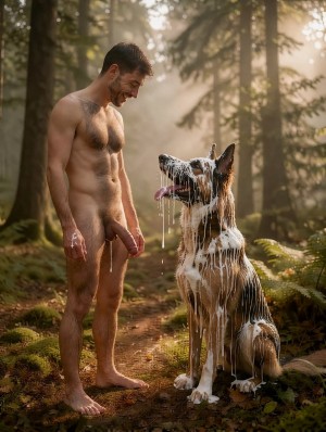 Un hombre desnudo permanece de pie descalzo en un sendero de bosque, sonriendo mientras mira a un perro sentado frente a él; su cuerpo aparece completamente visible, incluido el pene, con algo de espuma o líquido blanco en la mano y la zona pélvica. El perro, de pelaje marrón, negro y blanco y orejas erguidas, está cubierto por abundante sustancia blanca que cae en hilos desde la cabeza, el hocico, el pecho y las patas, con la lengua fuera en una actitud tranquila. La escena tiene luz cálida entre árboles altos, musgo, helechos y suelo húmedo, creando un ambiente natural, íntimo y surrealista en plena naturaleza.