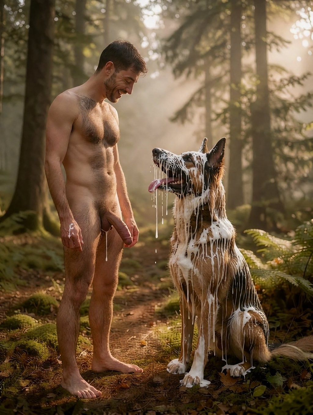 Un hombre desnudo permanece de pie descalzo en un sendero de bosque, sonriendo mientras mira a un perro sentado frente a él; su cuerpo aparece completamente visible, incluido el pene, con algo de espuma o líquido blanco en la mano y la zona pélvica. El perro, de pelaje marrón, negro y blanco y orejas erguidas, está cubierto por abundante sustancia blanca que cae en hilos desde la cabeza, el hocico, el pecho y las patas, con la lengua fuera en una actitud tranquila. La escena tiene luz cálida entre árboles altos, musgo, helechos y suelo húmedo, creando un ambiente natural, íntimo y surrealista en plena naturaleza.