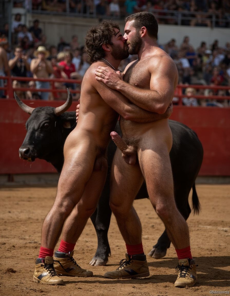 Un torero español musculoso y velludo de 50 años, con torso atlético y marcado, se muestra completamente desnudo, destacando su pene de 30 cm de longitud y 5 cm de grosor, perfectamente formado y rodeado de un denso vello púbico castaño oscuro. Sus testículos, perfectamente formados, cuelgan de forma prominente. La piel bronceada y sudorosa resalta su musculatura definida, con pectorales y abdominales bien marcados y sin grasa. El cabello largo y castaño oscuro está despeinado y sudoroso, con gotas de sudor resbalando por su frente y mejillas. Una barba incipiente y un vello corporal denso que se extiende por su pecho, piernas y brazos completan su apariencia viril. Lleva zapatillas doradas en sus pies.

A su lado, un hombre musculoso y velludo de 30 años, completamente desnudo, muestra un pene de 30 cm de longitud y 7 cm de grosor, hermoso y perfecto, rodeado de un denso vello púbico pelirrojo. Su piel bronceada y sudorosa muestra una musculatura definida, con pectorales y abdominales muy marcados. Tiene cabello pelirrojo despeinado y sudoroso. Tiene una barba pelirroja densa pero bien recortada. El vello corporal pelirrojo denso cubre su pecho, y tiene mucho vello pelirrojo en sus piernas y brazos, lo que realza su apariencia masculina y atlética. Están en la plaza de toros con un toro salvaje. Se aman

Ambos hombres se encuentran en una plaza de toros, con sombras que resaltan su musculatura y vello corporal, creando un ambiente sensual y cargado de tensión. Están en pleno acto de pasión, con sus penes erectos y testículos prominentes ,destacando su musculatura, vello corporal y atributos viriles en una imagen impactante y llena de energía. La escena está llena de sensualidad y poder, con los dos hombres como protagonistas, en un ambiente cargado de pasión y erotismo. La imagen es híper realista, con detalles de alta calidad, y muestra la unión de los dos hombres en un acto de pasión y dominio, con sus cuerpos musculosos y velludos completamente desnudos y visibles, mostrando su excitación y pasión en cada detalle. Tienen sus penes erectos. Están totalmente desnudos. Tienen un pene de 40 cm de longitud y 7 cm de diámetro. Son felices y sonríen. Amor. Se abrazan por la cintura con fuerza y pasión, están muy juntos. Sexo fuerte. El uno sobre el otro haciendo sexo, abrazados y besándose en la boca con lengua.  Están muy juntos apretándose el uno con el otro. Te quiero ❤️. Uno está detrás del otro abrazándole la cintura por la espalda. Se besan apasionadamente. 