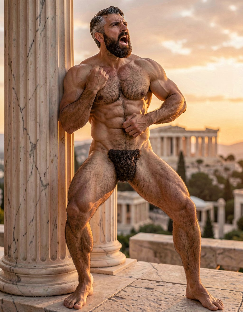 Pericles. A hyper-realistic full-body portrait of completely naked Pericles at 35 years old standing tall under the warm golden light of an Athenian sunset, as if Phidias had carved him from warm living marble and breathed life into him. Perfectly proportioned athletic body, 172 cm, 75 kg, 5% body fat, imposing and dignified presence. Elongated “onion-shaped” skull, short dark brown military-cut hair with silver at the temples, short dense well-groomed dark brown beard and finer trimmed mustache framing a stern aristocratic face with deep-set intense brown eyes. Strong muscular neck, broad rounded shoulders, powerful hairy pectorals with vertical dark trail, small dark hardened nipples, sharply defined abdomen with thick treasure trail leading to a dense curly dark pubic bush. His thick 22 cm erect penis with a slight upward curve, prominent veins along the darker shaft and flushed glans. Pericles is actively masturbating, sliding his right hand up and down the shaft with a steady rhythm. He grips his penis in a precise cylindrical hold: the index, middle, ring and pinky fingers of his right hand curved naturally around the lower perimeter on the front side of the shaft, slightly separated and perfectly adapting to its contour; the thumb positioned on the opposite rear side, also curved naturally around the lower perimeter, pressing gently to secure the grip. The hand conforms perfectly to the cylindrical shape with realistic finger placement and natural joint flexion. Heavy low-hanging testicles, firm round muscular ass, powerful veiny legs covered in dark hair, large masculine feet with the second toe slightly longer. Ultra-detailed skin texture, visible veins and subtle sweat sheen, razor-sharp anatomy, soft warm golden side lighting that sculpts every muscle and hair follicle, museum-quality historical sensual realism, softly blurred Acropolis at sunset in the background.Está de pie, se le ve de cuerpo entero desde los pies hasta la cabeza y apoya su espalda en una columna griega corintia de Atenas... tiene las piernas muy abiertas. Está masturbando su pene con la mano izquierda hasta eyacular y mira hacia arriba con la boca abierta... los dos se corren cómo animales, a lo bestia