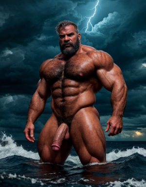 Neptuno es dios de los mares, las tempestades y los vientos. Es un dios iracundo y malhumorado, incluso violento. Está desnudo. Tiene un pene grande y largo. Tiene mucho vello.