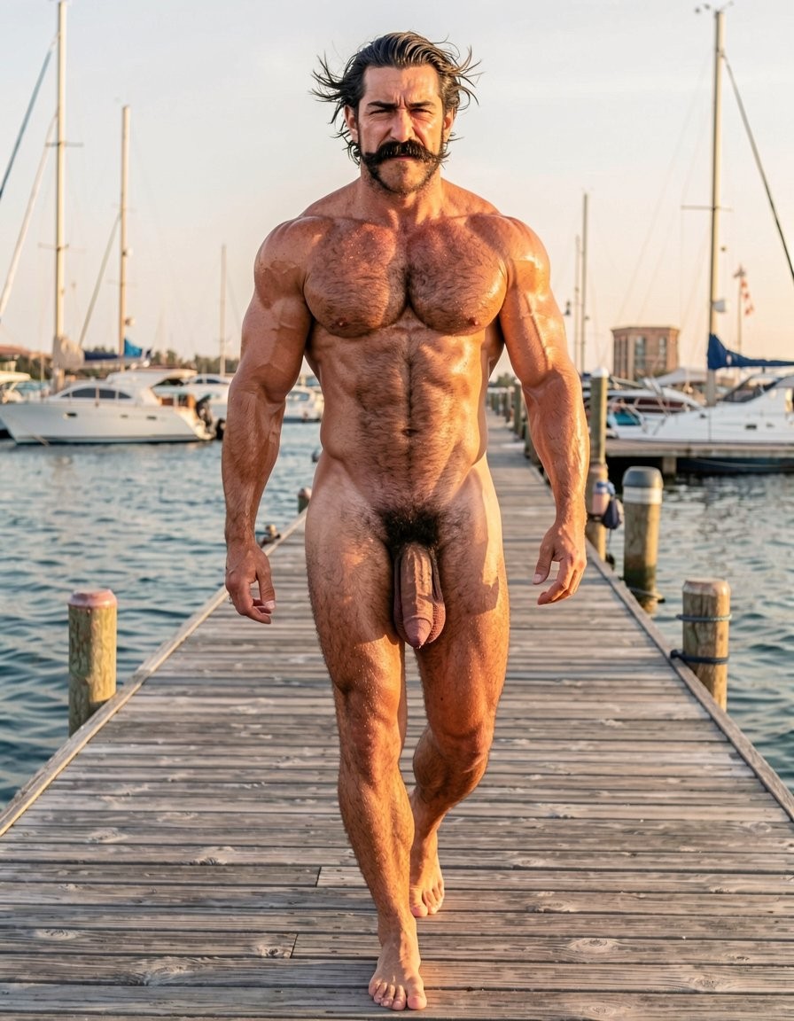 Ultra photorealistic 32k museum quality, cinematic golden hour lighting over the sea, perfect anatomy and proportions with zero distortion. Full body shot of Gayon Von Neumann walking alone along an old wooden pier at the maritime port. He is completely naked, 45 years old, 1.85m, 82kg, 4% body fat, brutally muscular and extremely hairy with thick black body hair covering his powerful chest, abs, arms and legs. Thick well-groomed black mustache, dense joined eyebrows, small intense dark eyes now dry but still slightly red. He has just wiped his tears and now looks straight ahead with a hard, arrogant and determined expression, jaw clenched. His massive 26cm thick veined cock hangs heavy and low between his powerful hairy legs, big low-hanging balls swinging with each step. Realistic wind moving his body hair, golden sunset light hitting his sweaty skin, detailed muscle definition and vascularity, hyperrealistic skin texture, maximum realism, no surrealism, no deformation.