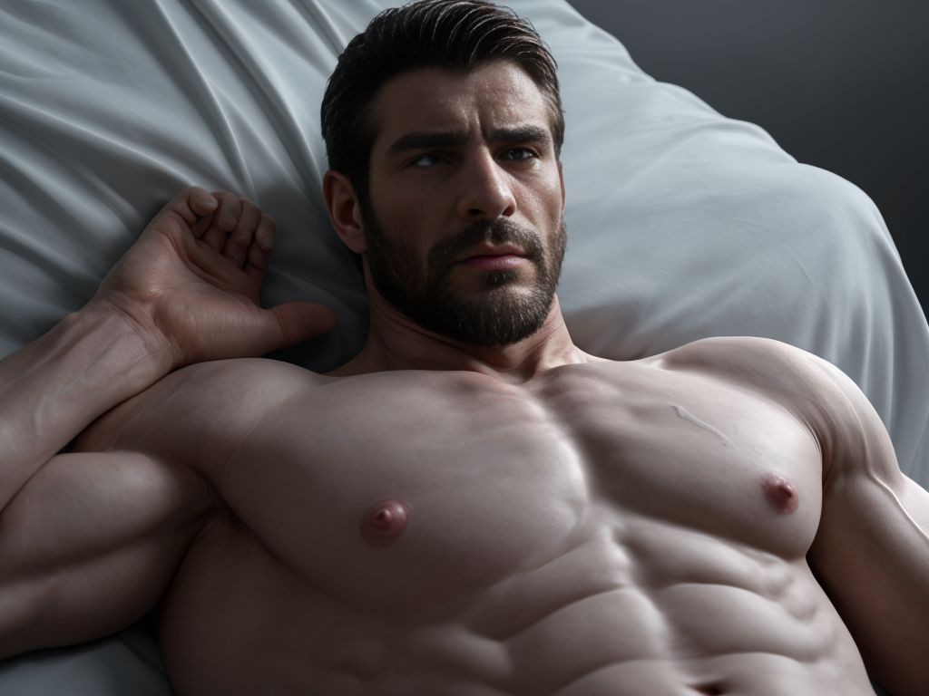 Muscular man lying on a bed with white sheets, photographed from a close angle that highlights his bare torso, defined pecs, sculpted abs, and strong arms. He has dark hair slicked back, a trimmed beard, and a serious, intense expression, with his gaze directed off-camera. One of his hands rests beside his head on the pillow, while the soft light emphasizes the contours of his muscles and casts shadows on the skin. The scene conveys an intimate, elegant, and sensual atmosphere, with a male portrait aesthetic, bedroom, athletic body, and relaxed pose.