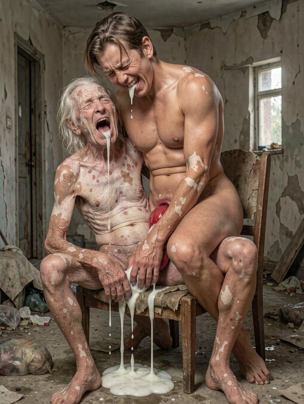 Two naked men appear in a deteriorated, dirty room, with peeling walls, rubble on the floor, and a window in the background. An elderly man, very thin, with wrinkled skin and pale spots across his body, is sitting on a wooden chair with his mouth open and white liquid running down his face, torso, and between his legs. Beside him, a younger, muscular man, also covered in white stains, leans over him with an intense expression, holding himself near the crotch, where the penis is partially covered with liquid. The scene has a raw, explicit, and disturbing tone, with a strong sexual charge, male nudity, visible semen, and an abandoned setting that reinforces the feeling of decay and filth.