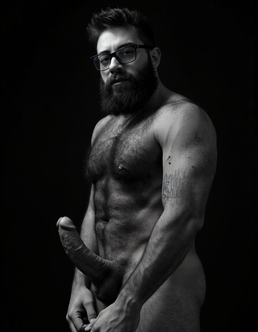 Fotografía hiperrealista en blanco y negro de un hombre adulto musculoso a la vista desde las rodillas para arriba hasta la cabeza, cuerpo muy delgado con musculación marcada y definida, rostro masculino, totalmente desnudo con polla erecta de treinta centímetros de longitud y ocho centímetros de diámetro, tiene rasgos marcados duros expresivos, barba densa poblada tupida oscura estilo hipster cubriendo completamente mandíbula mentón mejillas con grosor uniforme textura abundante muy definida, bigote denso tupido oscuro conectado perfectamente con la barba completa cubriendo completamente el labio superior, pelo oscuro medio peinado completamente recto hacia arriba con volumen considerable estilo hipster moderno quiff puntas verticales texturizadas hacia el cielo con altura prominente, cejas gruesas oscuras pobladas muy marcadas definidas, gafas de montura completa negra cuadradas grandes estilo hipster moderno sobre el puente de la nariz enmarcando unos ojos oscuros intensos que miran directamente a cámara con expresión seria penetrante confiada, expresión facial seria masculina sin sonrisa con mirada directa desafiante, pómulos marcados definidos angulares, nariz recta proporcionada, labios medios apenas visibles completamente cubiertos por bigote denso que conecta con la barba hipster completa, torso desnudo muy musculoso con pectorales enormes desarrollados y definidos, hombros anchos musculosos deltoide prominentes, brazos musculosos gruesos con bíceps y tríceps marcados visibles a ambos lados del cuerpo, abdomen tonificado marcado visible desde la cintura, piel con textura realista detallada poros imperfecciones sutiles, vello corporal denso oscuro abundante cubriendo pectorales abdomen brazos hombros con textura natural masculina muy visible, tatuaje en tinta negra en el bíceps del brazo derecho con la palabra exacta 