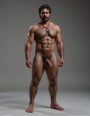 PEDRO de cuerpo entero 8K de hombre mediterráneo muy masculino y muy delgado pero con músculos marcados y definidos y está de pie, textura de piel natural híper realista, cara geométrica brutal con mandíbula cuadrada pesada, pómulos altos anchos, barbilla prominente con hoyuelo, ojos oscuros marrones profundos hundidos con cejas gruesas densas, nariz grande puente ancho recto forma griega, bigote morsa negro denso espeso cayendo en extremos cubriendo labio superior completamente, pelo negro rizado voluminoso desordenado, cuello grueso de toro con nuez prominente, pecho ancho cubierto vello negro rizado denso, pectorales voluminosos definidos con surco central profundo, cadena dorada colgando en surco pectoral, pezones oscuros marrón rojizo areolas anchas, abdominales six-pack marcados, vello corporal abundante formando trail oscuro vertical desde pecho hasta entrepierna, brazos musculosos gruesos con venas marcadas deltoides prominentes bíceps grandes tríceps herradura cubiertos vello negro, manos grandes dedos gruesos nudillos prominentes pelo dorso manos, piernas musculosas cuádriceps voluminosos muslos gruesos cubiertos vello negro denso rodillas huesudas pantorrillas gemelos forma diamante, pies grandes anchos pelo empeine, polla erecta treinta centímetros gruesa ocho centímetros diámetro color marrón oscuro curvada arriba venas dorsales marcadas prepucio largo glande ancho rojizo apuntando hacia arriba, huevos grandes colgando bajos escroto oscuro arrugado tamaño huevos gallina XL, piel aceitunada bronceada mediterránea, iluminación natural realista, fotorrealista, híper detallado, desnudo completo. Los pies están desnudos. Polla erecta dura hacia arriba. Las pantorrillas están a la vista y son muy peludas.
