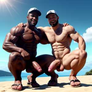 Dos hombres machos musculosos desnudos delgados muy viriles con pene grande y testículos grandes y peludos ⛓️ 🌞 🏞️. Están de pie, 🥀. Tienen sandalias verdes en sus pies. Tienen gorras blancas en sus cabezas. Enseñan sus penes erectos para estar felices. Doblan el brazo derecho y enseñan el músculo bíceps del brazo derecho con gran orgullo. Están agachados. Están broceados. Tienen la mano izquierda con su pene. Las sandalias están bonitas