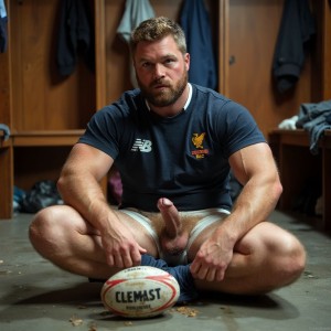 Un hombre fornido de rugby arrodillado en el suelo del vestuario, con músculos definidos y piel bronceada que refleja el esfuerzo físico, ojos cansados pero satisfechos que sugieren un partido intenso, barba incipiente que cubre su mandíbula y mejillas, destacando su rostro varonil. Lleva un pantalón corto de rugby que se encuentra bajo en sus caderas, dejando visible su pene erecto, símbolo de su masculinidad y energía. A su lado, un balón de rugby manchado y sudado, testimonio del juego apasionado que acaba de terminar. Sobre su torso, una camiseta arrugada con el número 