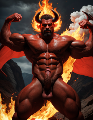 Diablo Satanás desnudo, pene grande:1.5, testículos oscuros:1.2, vello corporal abundante:1.1, bronceado:1, alas negras y rojas oscuras:1.3, brazos hacia arriba, implorando rayos y fuego, ojos rojos grandes:1.2, barba:1, delgado, testículos visibles:1.1, ano expuesto:1, rodeado de llamas y humo:1.2, chorro de fuego rojo en pene erecto:1.5, torso de toro musculoso:1.2. Tiene fuego en su ano y tiene mucho fuego en sus testículos.